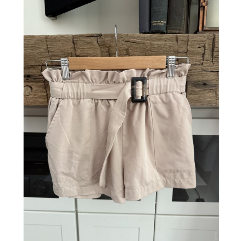 Streetwear Society Beige Paperbag Waist Belted Shorts Pockets Sz S
